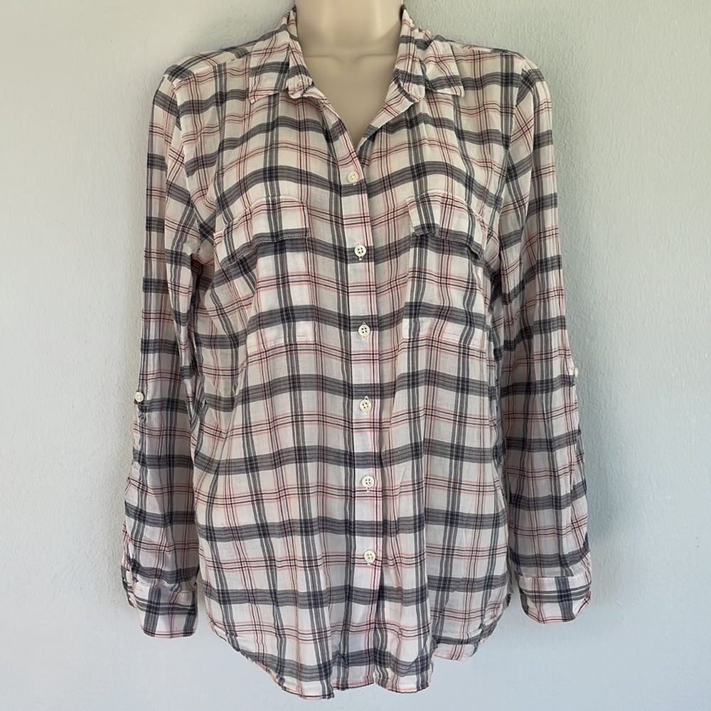 Gap pink gray plaid boyfriend lightweight cotton button down shirt size small - Picture 2 of 8